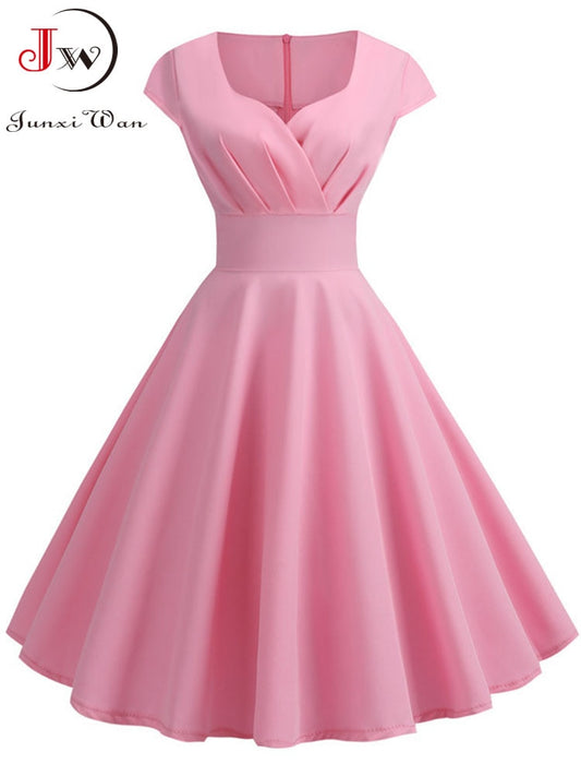 Pink Summer Dress Women V Neck Big Swing Vintage Dress Robe Femme Elegant Retro pin up Party Office Midi Dresses