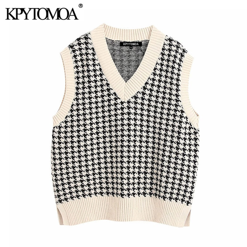 KPYTOMOA Women 2020 Fashion Oversized Knitted Vest Sweater V Neck Sleeveless Side Vents Loose Female Waistcoat Chic Tops