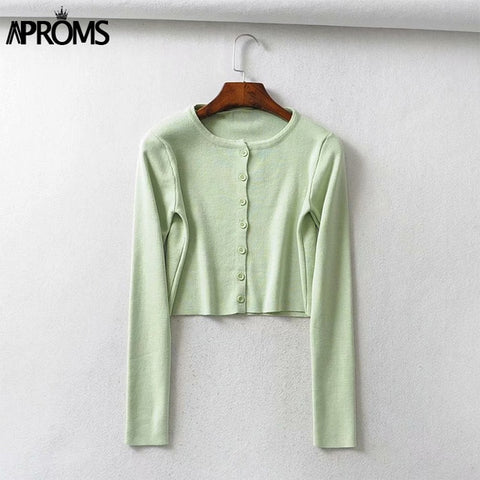 Aproms Candy Color Ribbed Knitted Cardigan Women Autumn Winter Long Sleeve Basic Cropped Sweaters Female Casual Short Jumper Top