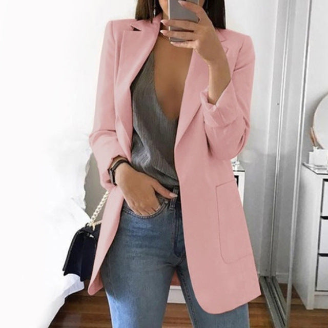 CAIDA 2020 Women Elegant Slim Casual Solid Business Blazer Long Blazers Jacket Ladies Spring Autumn Suit