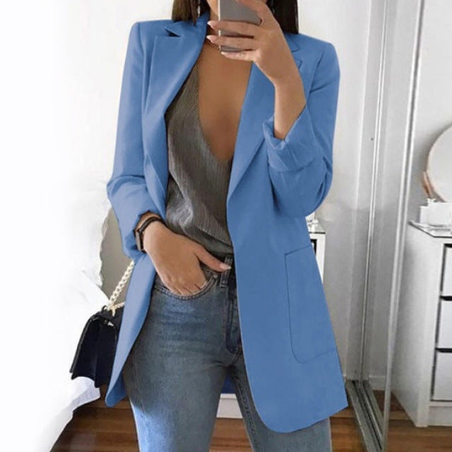 CAIDA 2020 Women Elegant Slim Casual Solid Business Blazer Long Blazers Jacket Ladies Spring Autumn Suit