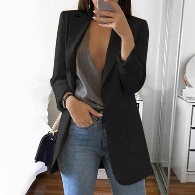 CAIDA 2020 Women Elegant Slim Casual Solid Business Blazer Long Blazers Jacket Ladies Spring Autumn Suit