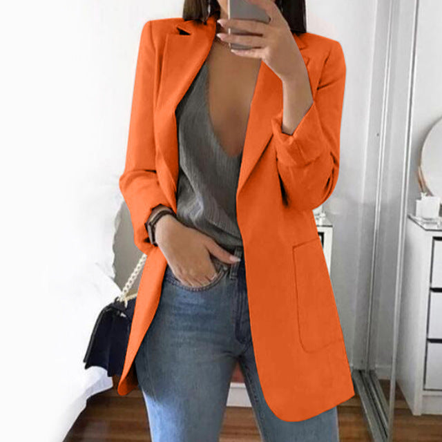 CAIDA 2020 Women Elegant Slim Casual Solid Business Blazer Long Blazers Jacket Ladies Spring Autumn Suit