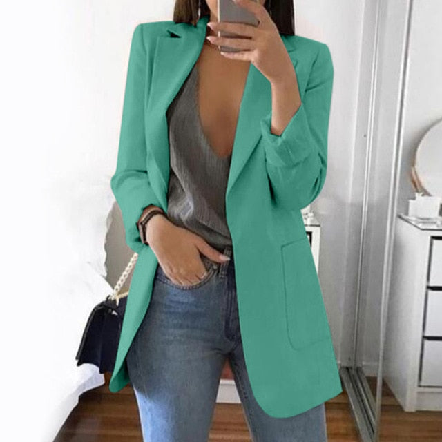 CAIDA 2020 Women Elegant Slim Casual Solid Business Blazer Long Blazers Jacket Ladies Spring Autumn Suit