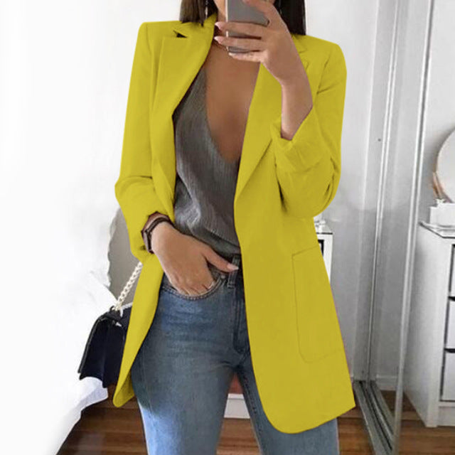 CAIDA 2020 Women Elegant Slim Casual Solid Business Blazer Long Blazers Jacket Ladies Spring Autumn Suit