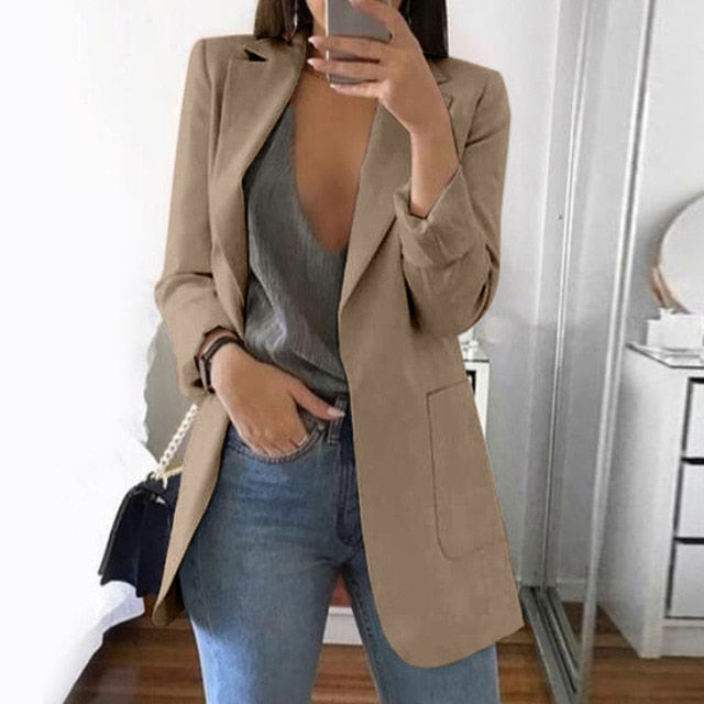 CAIDA 2020 Women Elegant Slim Casual Solid Business Blazer Long Blazers Jacket Ladies Spring Autumn Suit