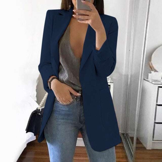 CAIDA 2020 Women Elegant Slim Casual Solid Business Blazer Long Blazers Jacket Ladies Spring Autumn Suit