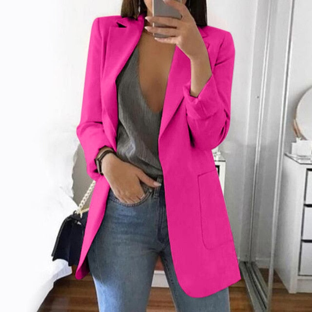 CAIDA 2020 Women Elegant Slim Casual Solid Business Blazer Long Blazers Jacket Ladies Spring Autumn Suit