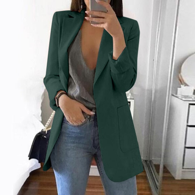 CAIDA 2020 Women Elegant Slim Casual Solid Business Blazer Long Blazers Jacket Ladies Spring Autumn Suit