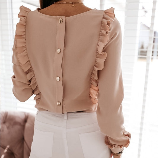 Women Ruffles White Back Buttons OL Blouse O-Neck Long Sleeve Solid Tops Female 2020 Spring Autumn Fashion Casual Blouses Ladies