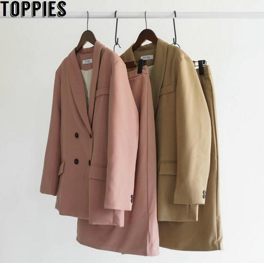 Toppies 2020 봄 여성 블레이저 정장 Doule Breasted Pink Blazer 하이 웨스트 스커트 Office Lady Set