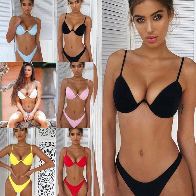 Hot Sale Women Push-up Bandage Bikini Solid Color Swimsuit Low Waist Triangle Swimwear Sexy Bathing Suit Maillot De Bain Femme